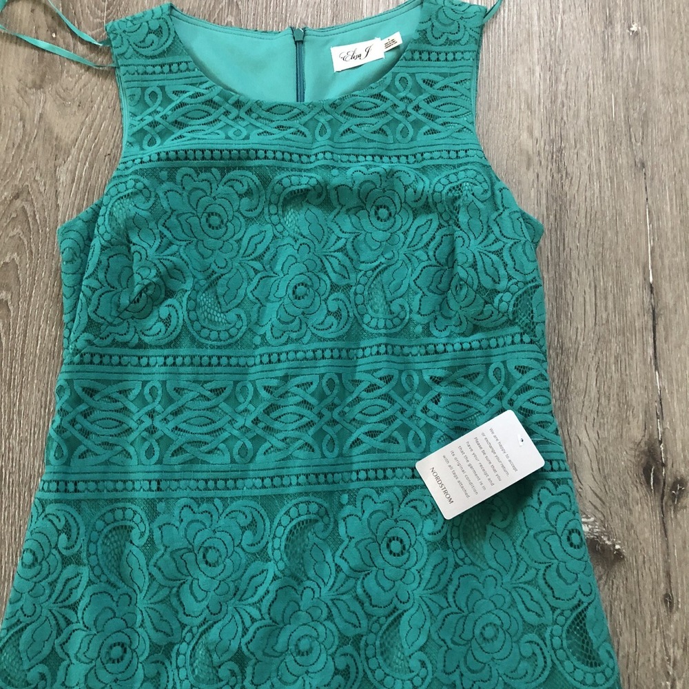 Eliza J Dress 8 Green Lace Overlay Lined Shift Floral Sleeveless‎ Back Zip - Picture 4 of 14